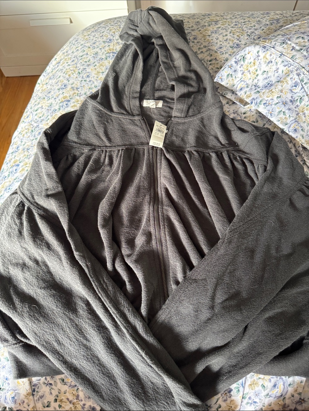 aerie Dark Gray Hooded Zip-Up Sweater: oversized; cropped length